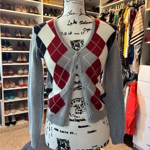 Brandy Melville Women's Red, White, and Navy Cardigan